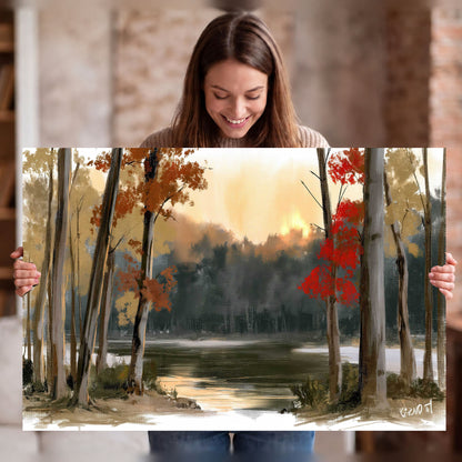 Autumn lake forest painting stretched canvas wall art held in hands
