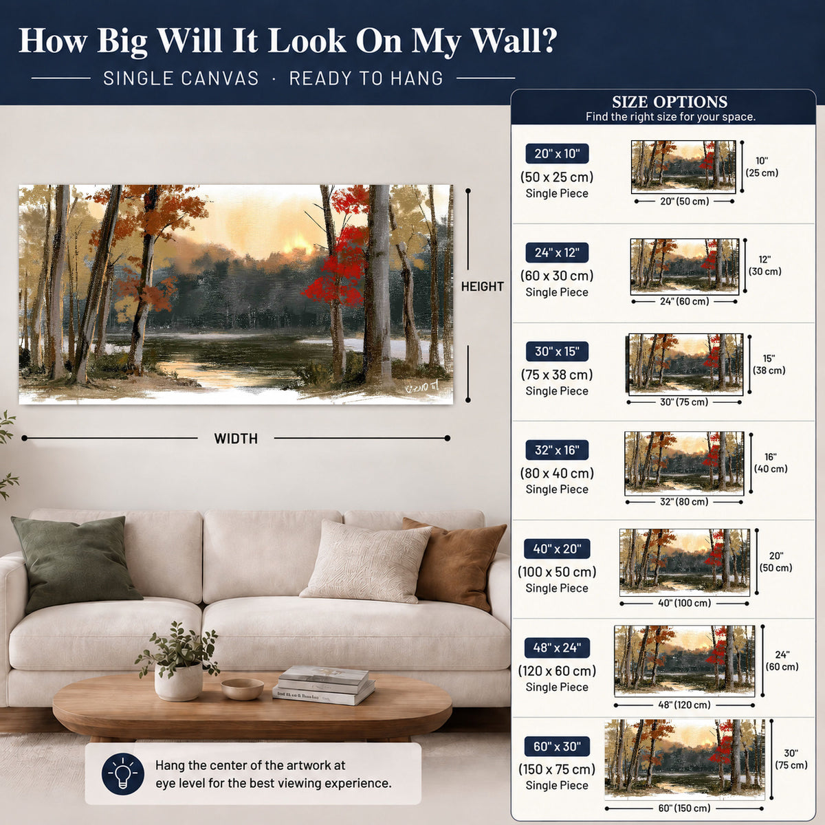 Autumn lake forest painting canvas wall art size guide above a sofa