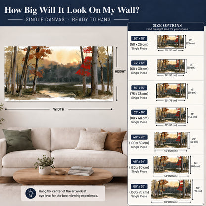 Autumn lake forest painting canvas wall art size guide above a sofa