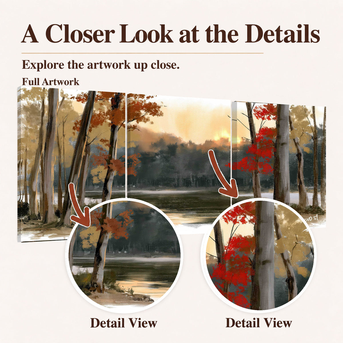 Autumn lake forest painting closer look at the details