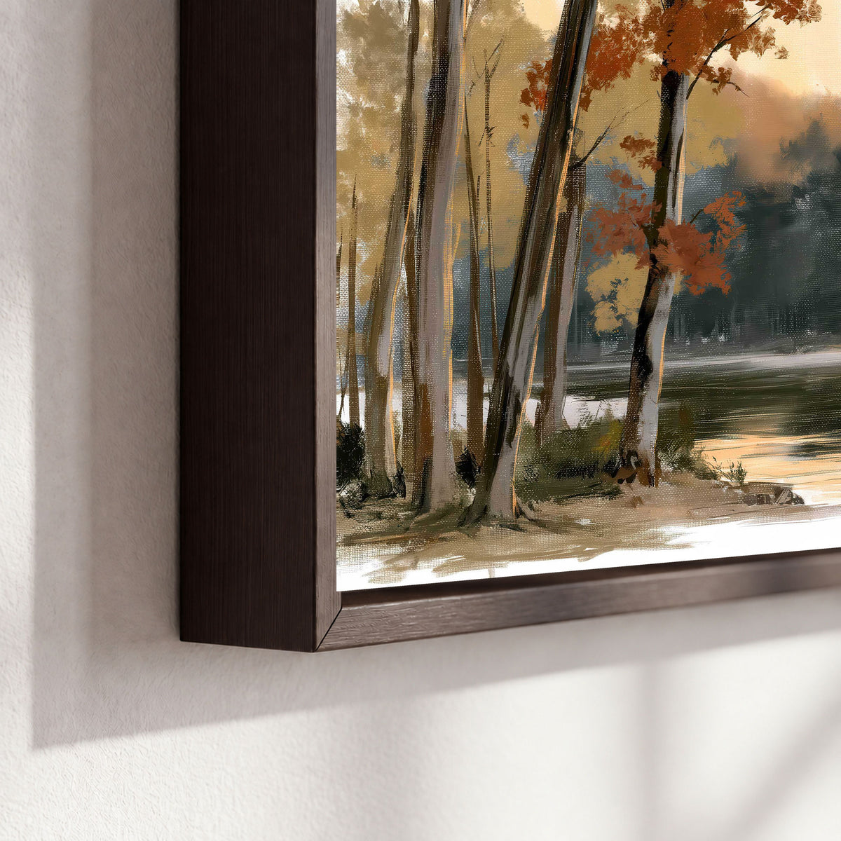 Autumn lake forest painting framed canvas close-up showing the floating frame