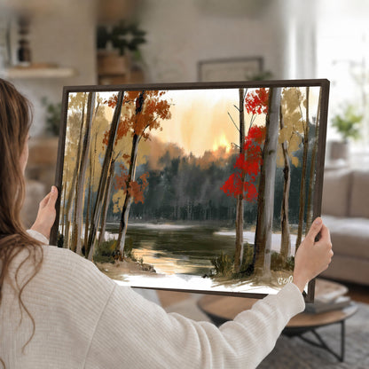 Autumn lake forest painting framed canvas wall art held in hands