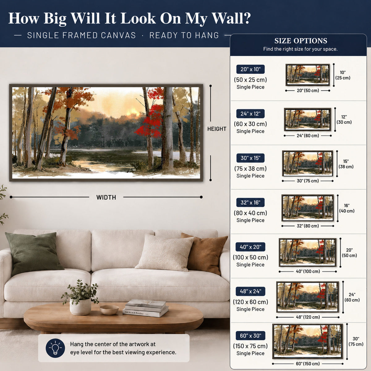 Autumn lake forest painting framed canvas wall art size guide above a sofa