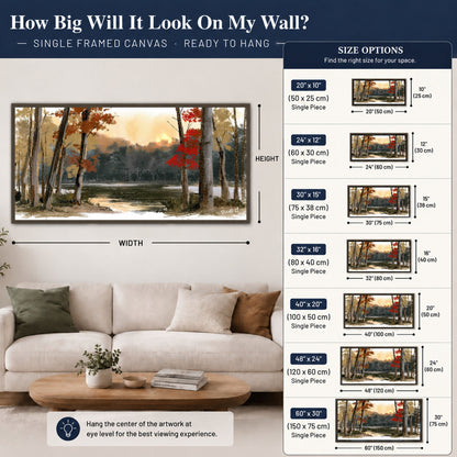 Autumn lake forest painting framed canvas wall art size guide above a sofa
