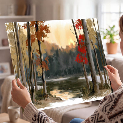 Autumn lake forest painting poster print held in hands