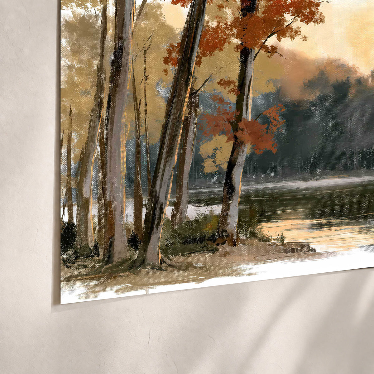 Autumn lake forest painting poster print close-up on matte paper