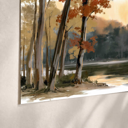 Autumn lake forest painting poster print close-up on matte paper