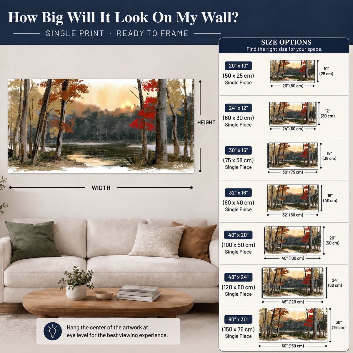 Autumn lake forest painting poster print size guide above a sofa