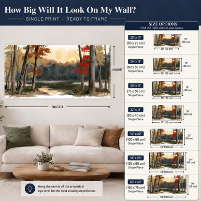 Autumn lake forest painting poster print size guide above a sofa