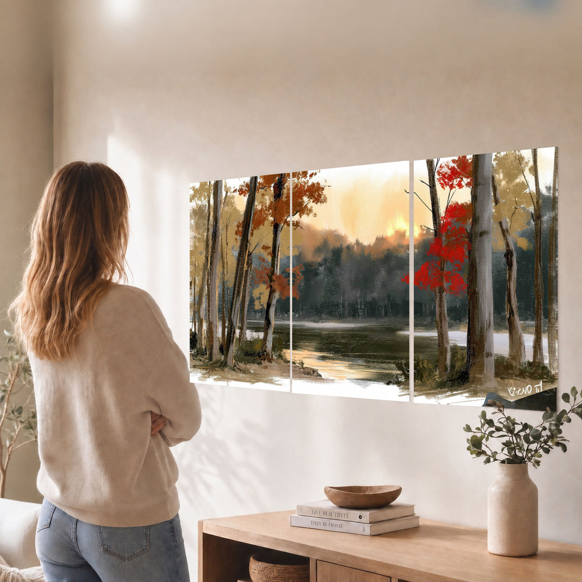 Autumn lake forest painting set of 3 poster prints in a living room