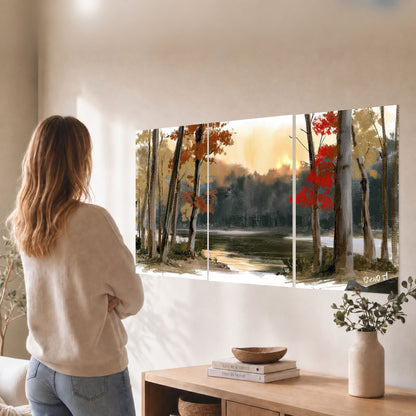 Autumn lake forest painting set of 3 poster prints in a living room