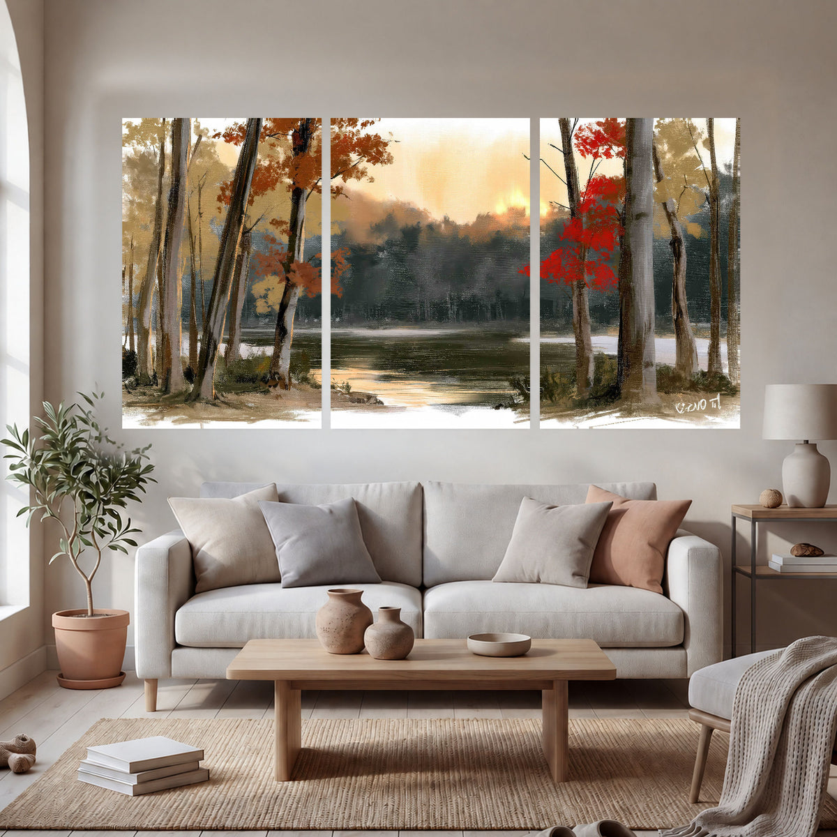 Autumn lake forest painting set of 3 poster prints in a bright living room