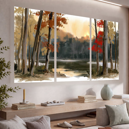 Autumn lake forest painting set of 3 poster prints in a living room above a console