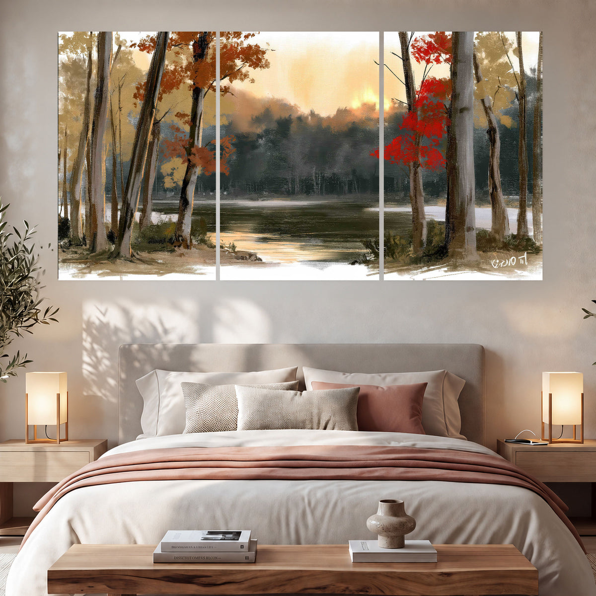 Autumn lake forest painting set of 3 poster prints in a bedroom above the bed