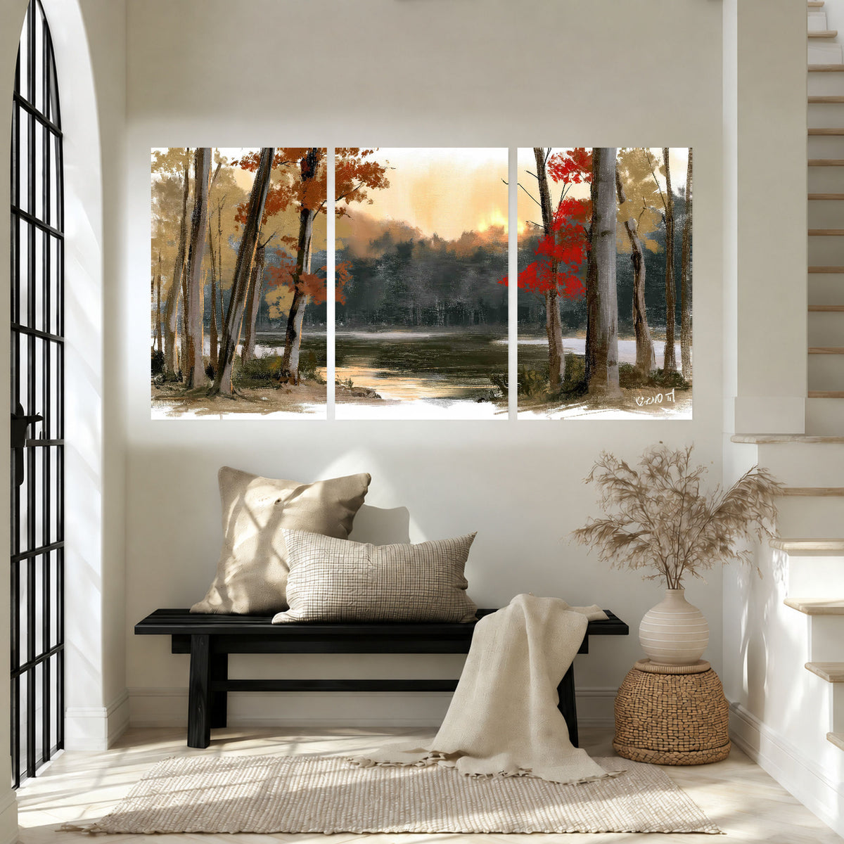 Autumn lake forest painting set of 3 poster prints in an entryway above a bench