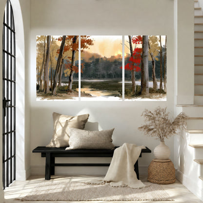 Autumn lake forest painting set of 3 poster prints in an entryway above a bench