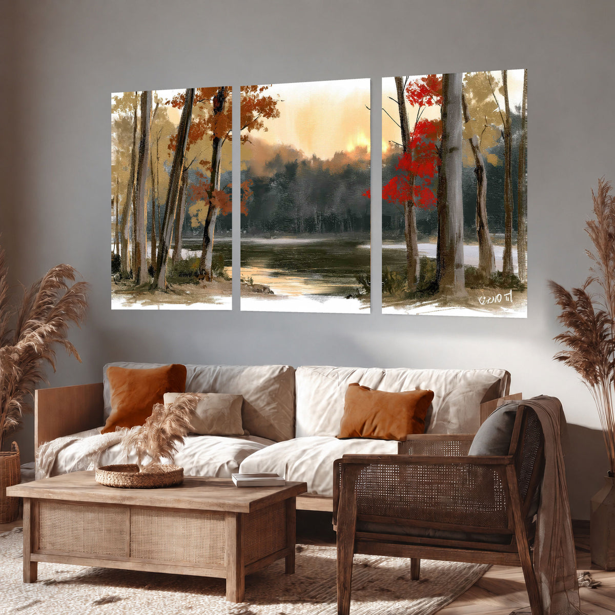 Autumn lake forest painting set of 3 poster prints in a rustic living room