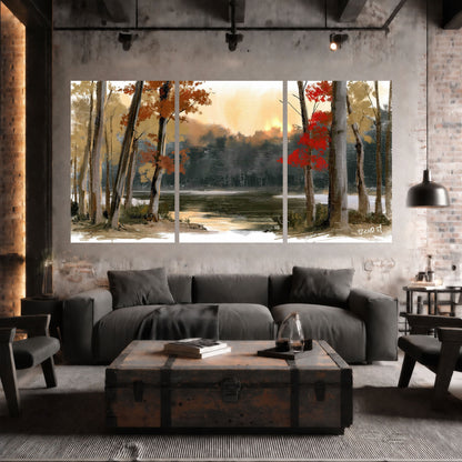 Autumn lake forest painting set of 3 poster prints in an industrial loft
