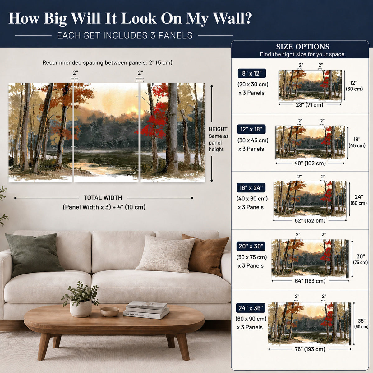 Autumn lake forest painting set of 3 poster prints size guide above a sofa