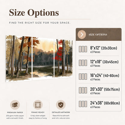 Autumn lake forest painting set of 3 poster prints size options