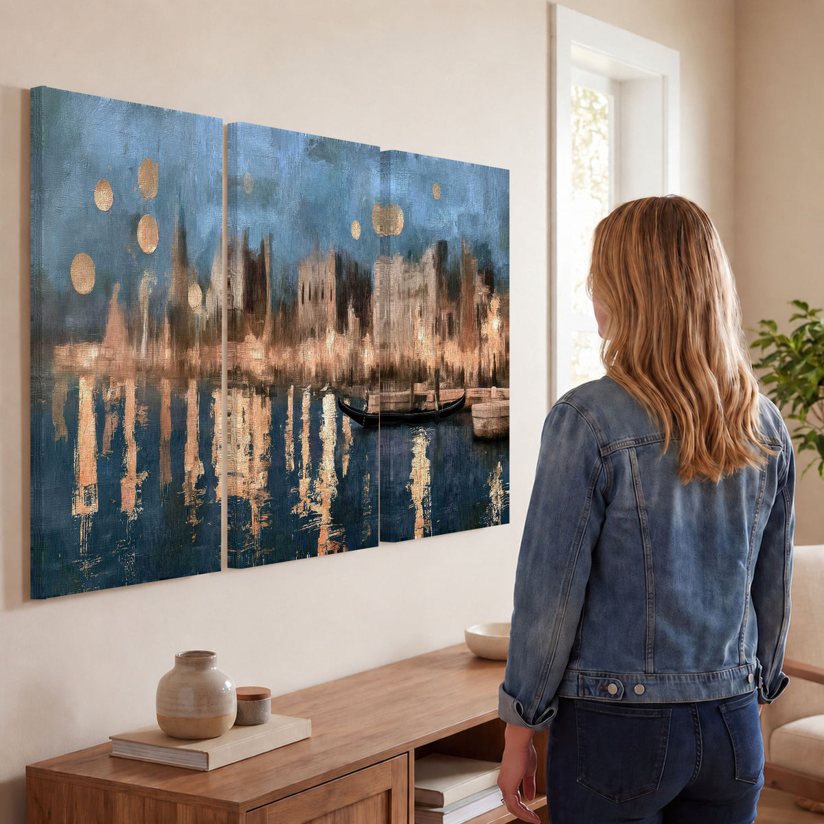 Venice twilight painting 3 piece canvas wall art in a living room