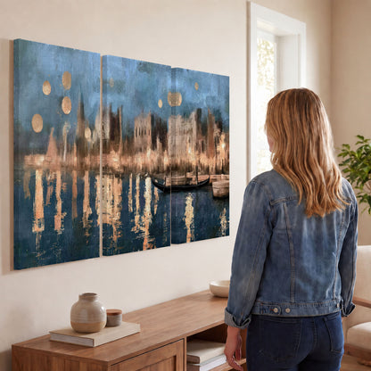 Venice twilight painting 3 piece canvas wall art in a living room
