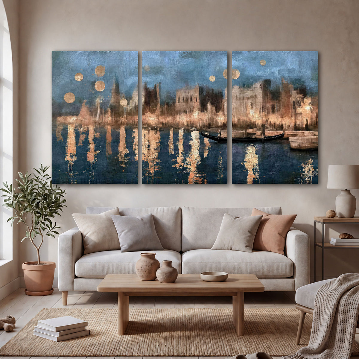 Venice twilight painting 3 piece canvas wall art in a bright living room