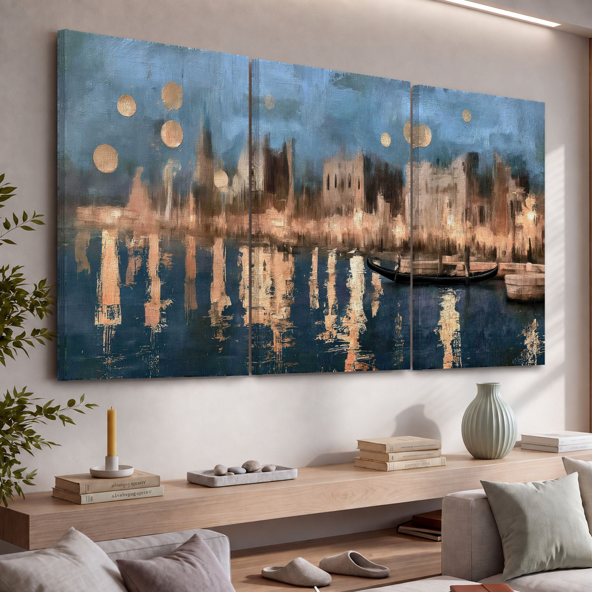 Venice twilight painting 3 piece canvas wall art in a living room above a console