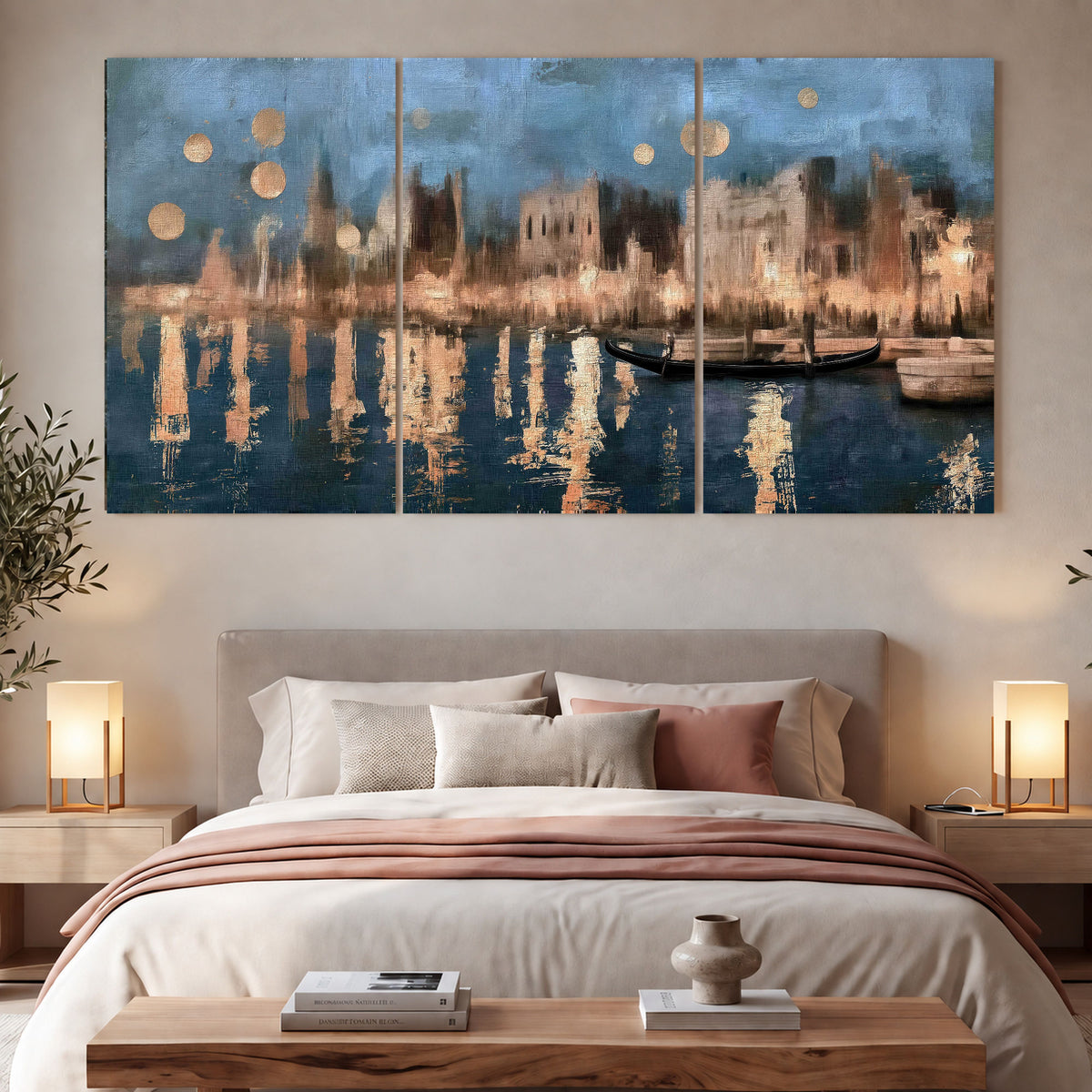 Venice twilight painting 3 piece canvas wall art in a bedroom above the bed