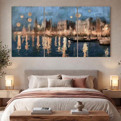 Venice twilight painting 3 piece canvas wall art in a bedroom above the bed