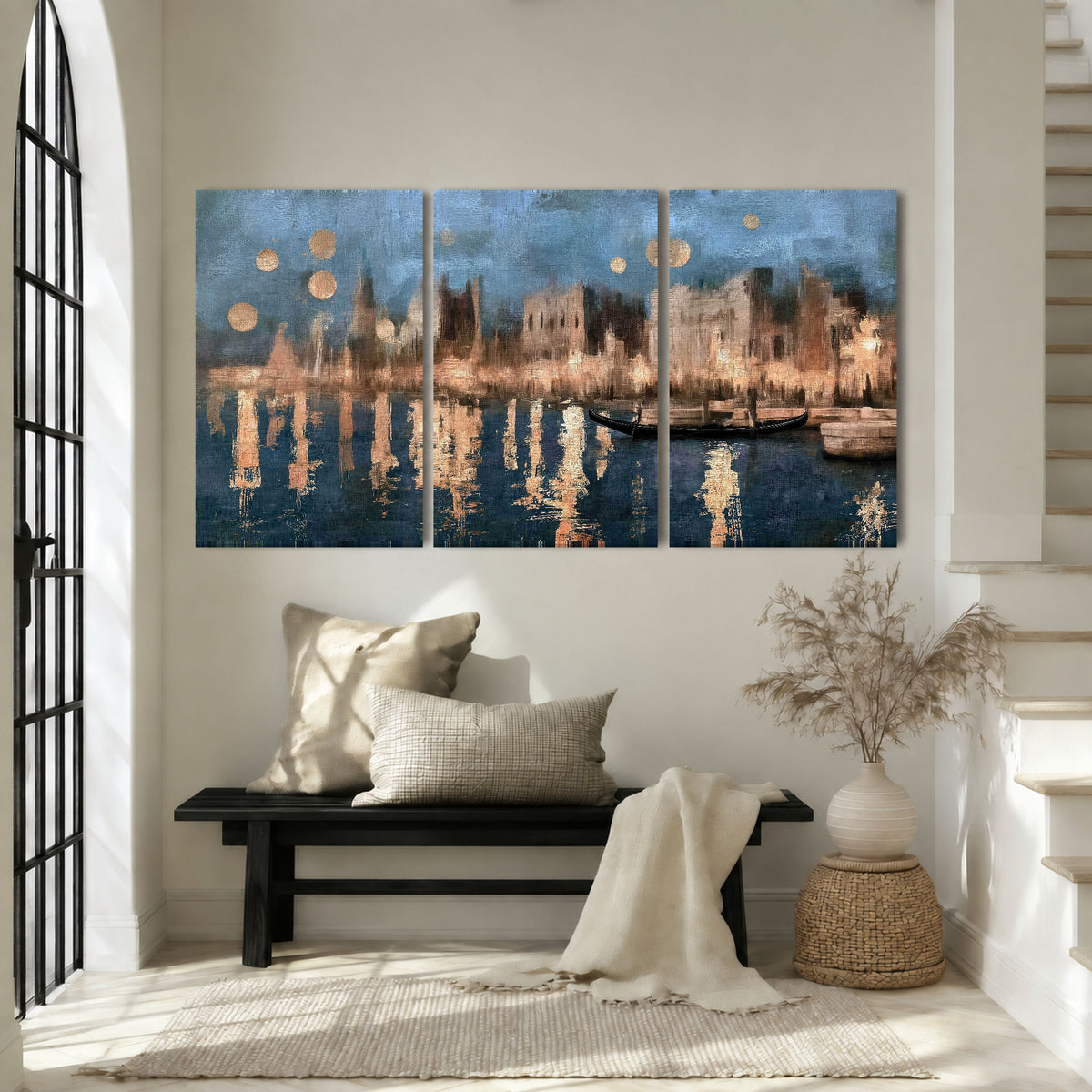Venice twilight painting 3 piece canvas wall art in an entryway above a bench