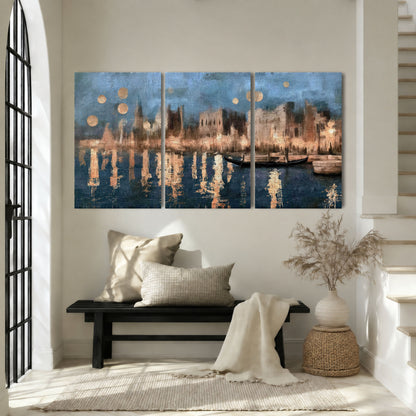Venice twilight painting 3 piece canvas wall art in an entryway above a bench