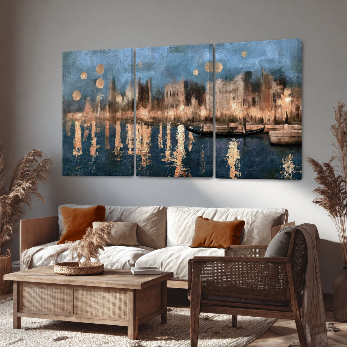 Venice twilight painting 3 piece canvas wall art in a rustic living room