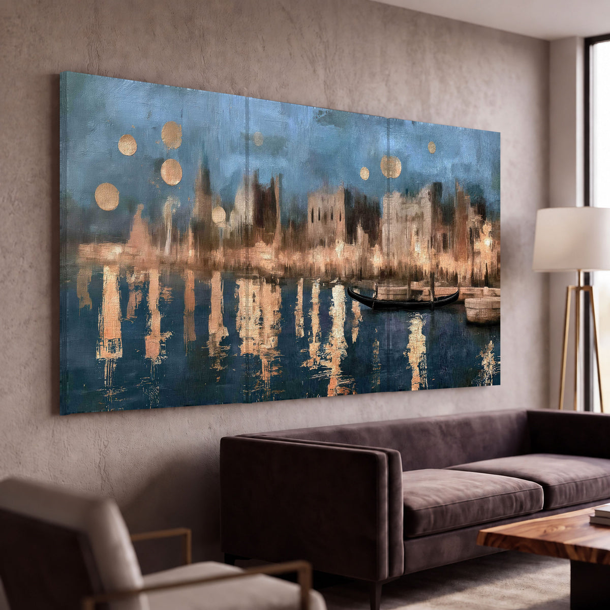 Venice twilight painting 3 piece canvas wall art in a modern living room