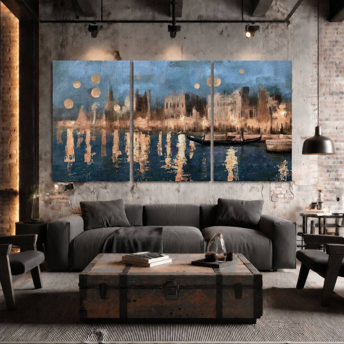 Venice twilight painting 3 piece canvas wall art in an industrial loft