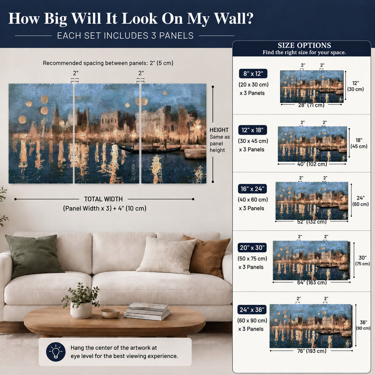 Venice twilight painting 3 piece canvas wall art size guide above a sofa
