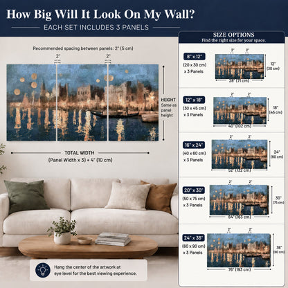 Venice twilight painting 3 piece canvas wall art size guide above a sofa