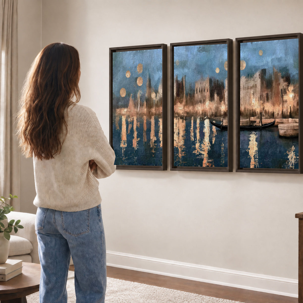 Venice twilight painting 3 piece framed canvas in a living room