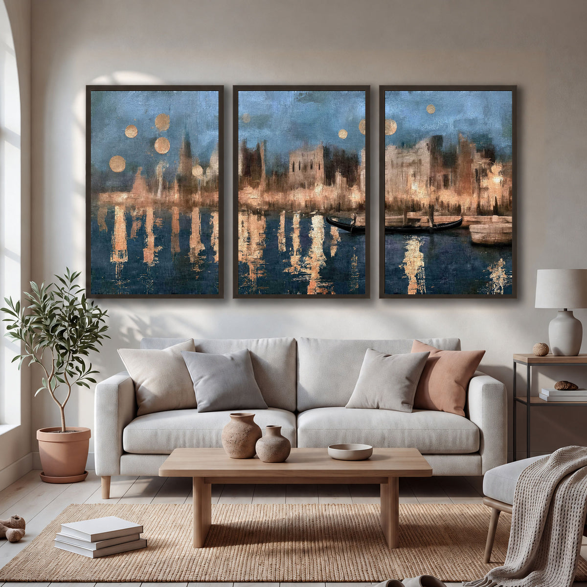 Venice twilight painting 3 piece framed canvas in a bright living room