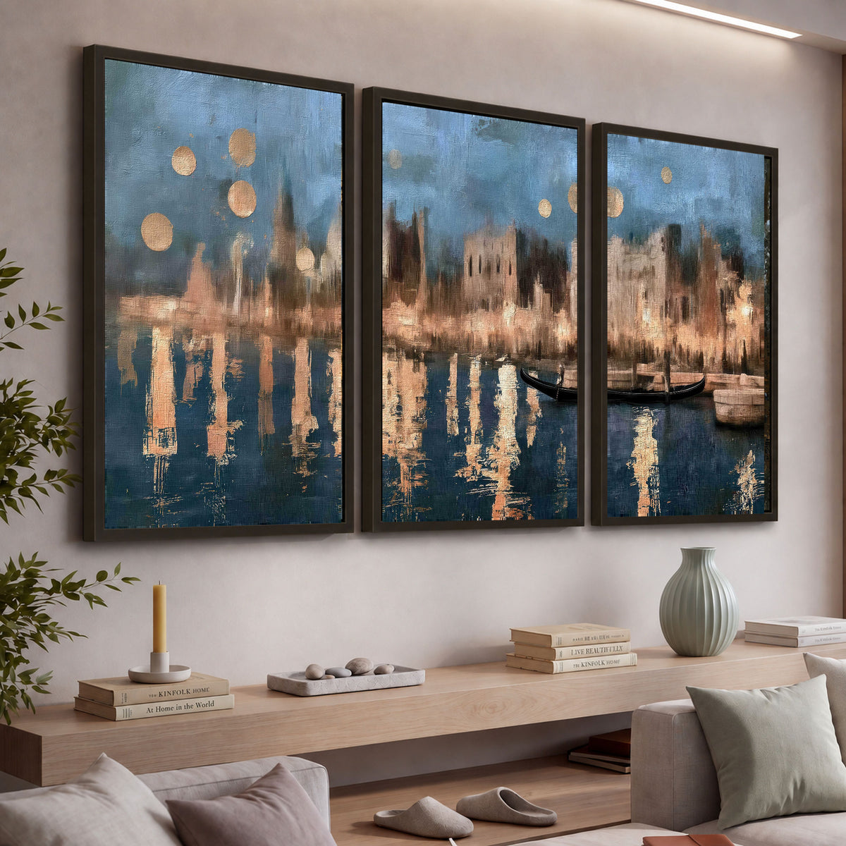 Venice twilight painting 3 piece framed canvas in a living room above a console