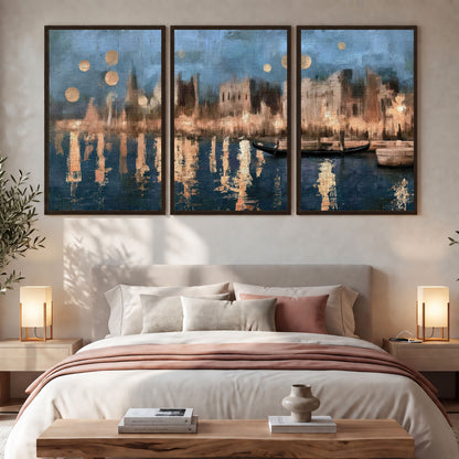 Venice twilight painting 3 piece framed canvas in a bedroom above the bed