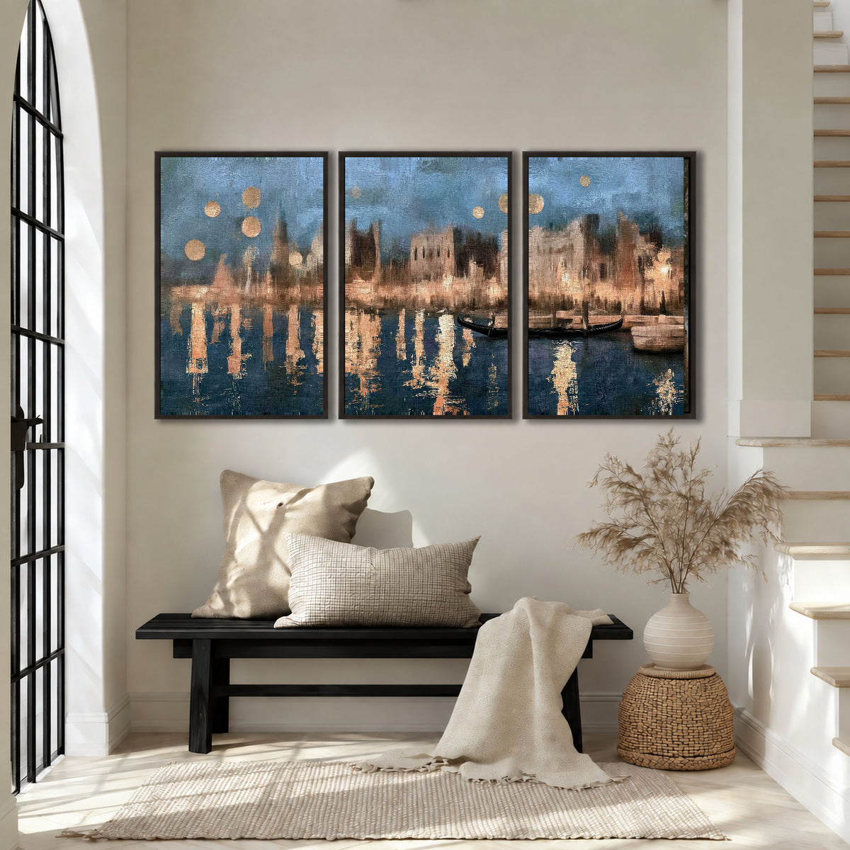 Venice twilight painting 3 piece framed canvas in an entryway above a bench