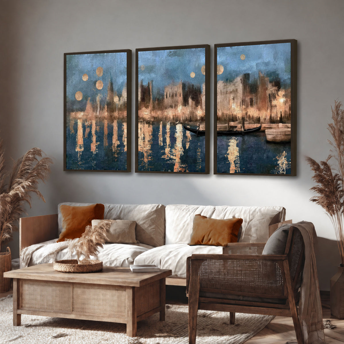 Venice twilight painting 3 piece framed canvas in a rustic living room