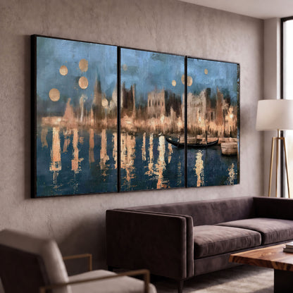 Venice twilight painting 3 piece framed canvas in a modern living room