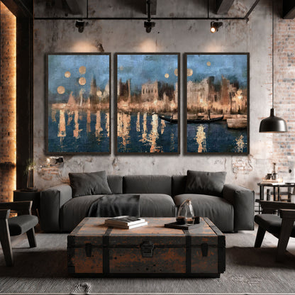 Venice twilight painting 3 piece framed canvas in an industrial loft