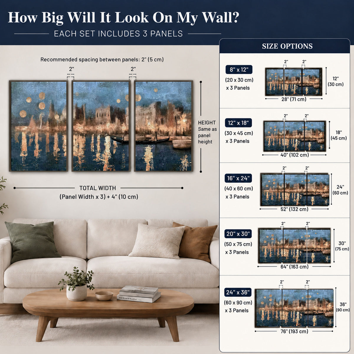 Venice twilight painting 3 piece framed canvas size guide above a sofa