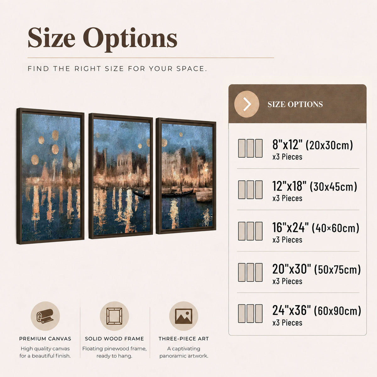 Venice twilight painting 3 piece framed canvas size options