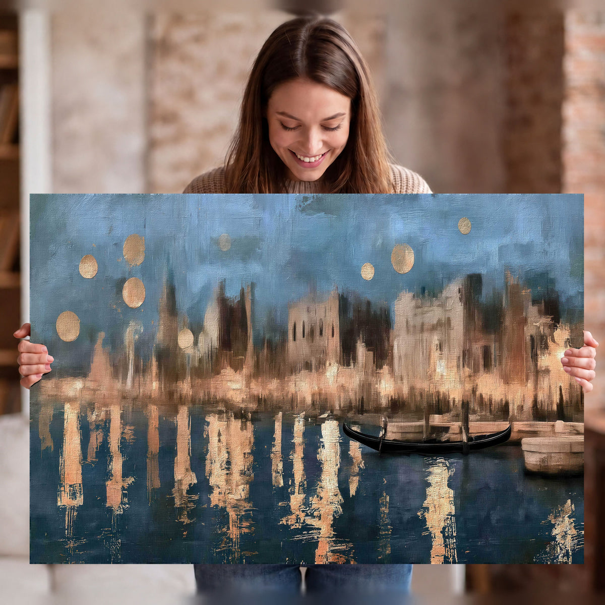 Venice twilight painting stretched canvas wall art held in hands