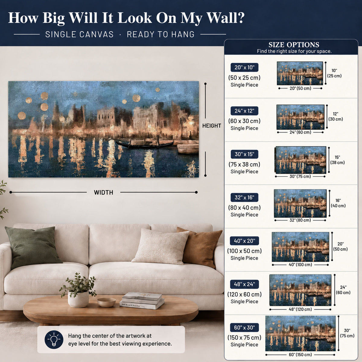 Venice twilight painting canvas wall art size guide above a sofa