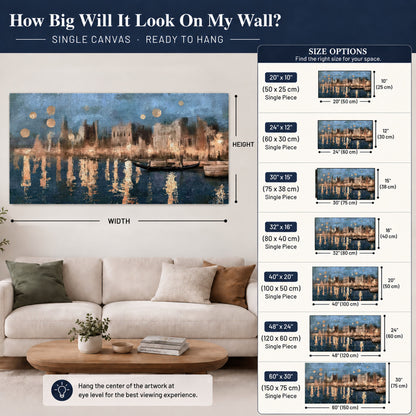 Venice twilight painting canvas wall art size guide above a sofa